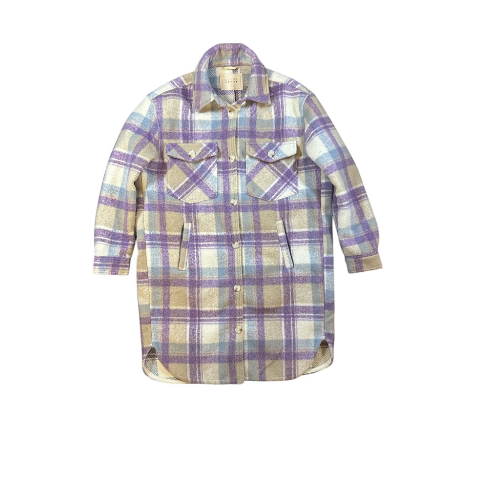 BLANKNYC Plaid Shacket Long Sleeve Shirt Jacket Purple Tan Blue Womens L - Picture 1 of 8